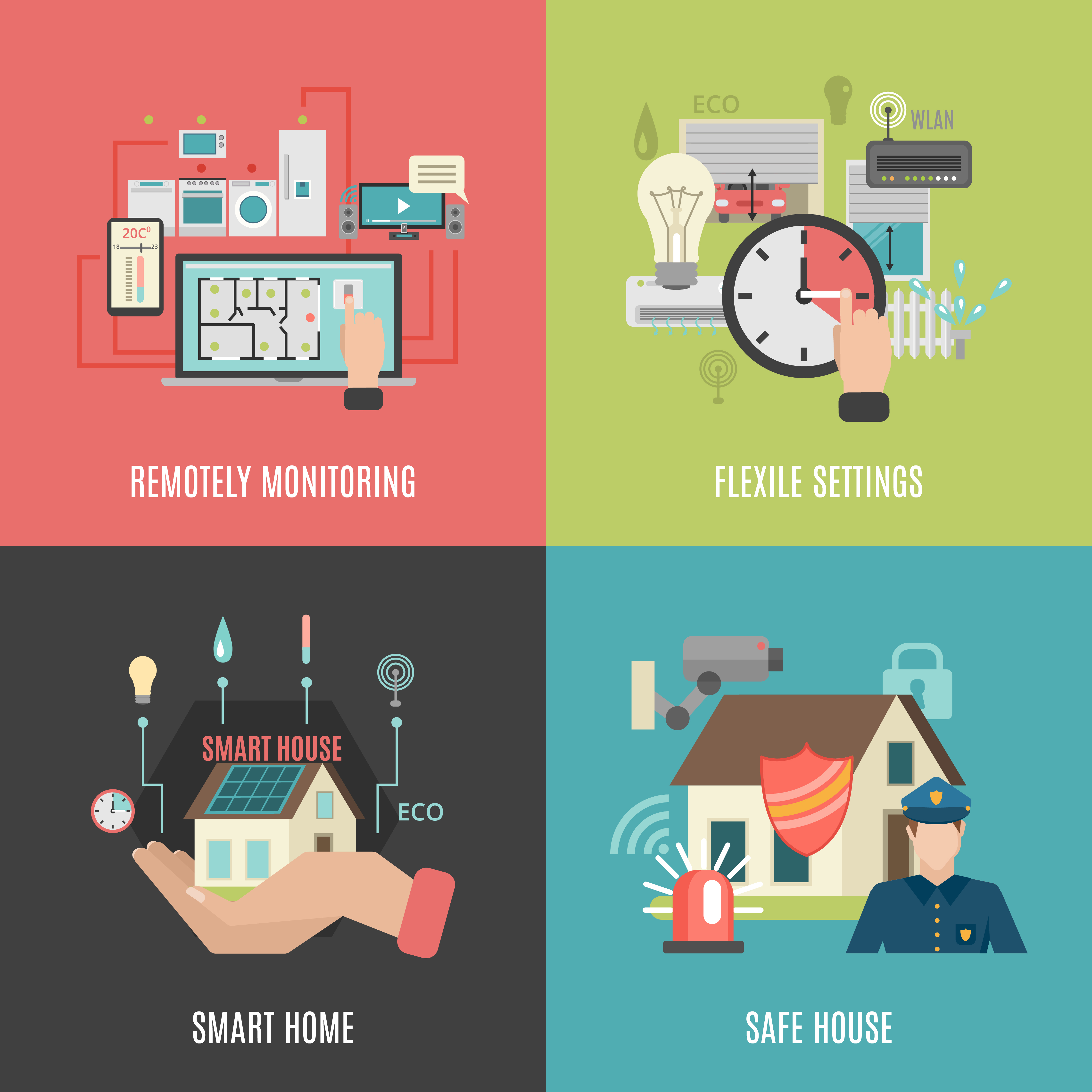 Download Smart home 4 flat icons square 467057 Vector Art at Vecteezy