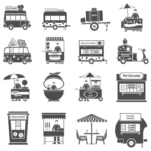 Street Food negro blanco conjunto de iconos vector