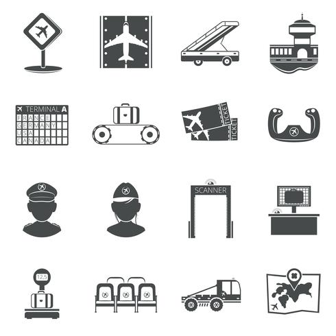 Airport black icons set vector