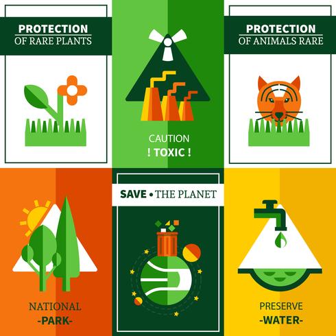 Set de seis carteles de ecología plana vector