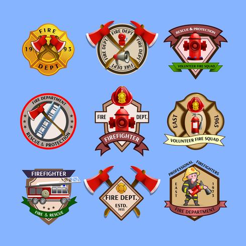 Colección de etiquetas de emblemas de bomberos vector