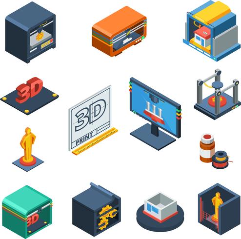 Colección de iconos isométricos de impresión 3D vector