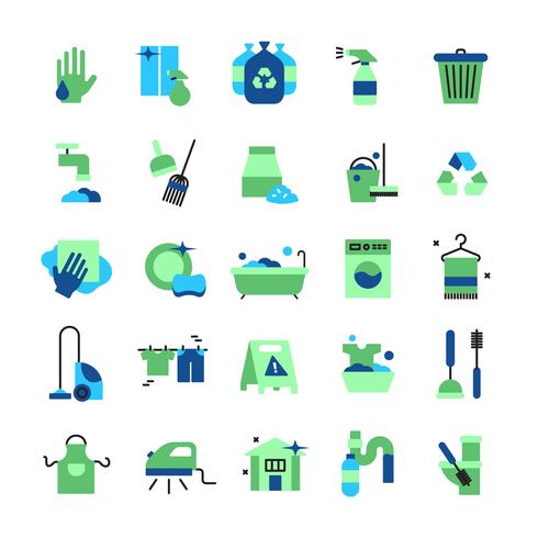 Limpieza de iconos de colores planos establecidos vector