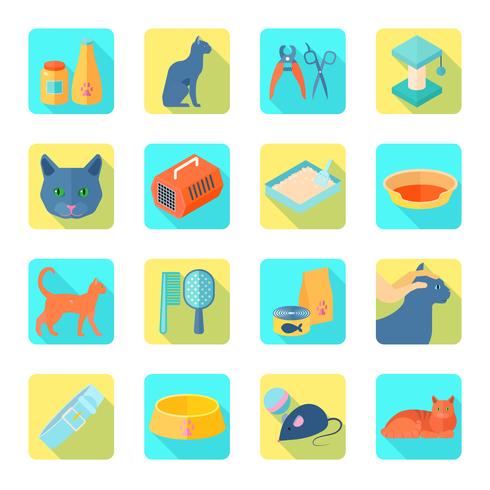 Iconos planos cat set sombra inclinada vector