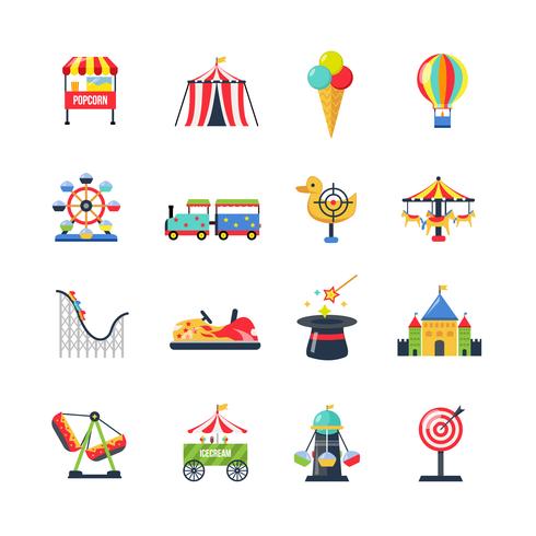 Color plano aislado iconos de parque de atracciones vector