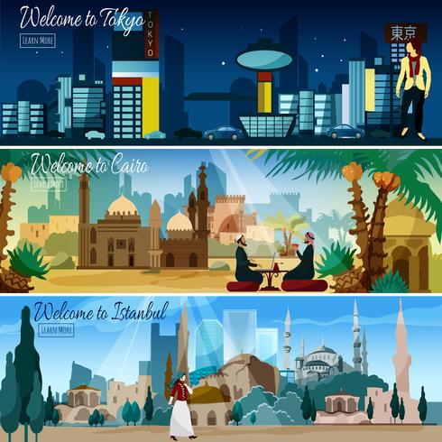 Eastern Cityscape 3 Flat Banners Set vector