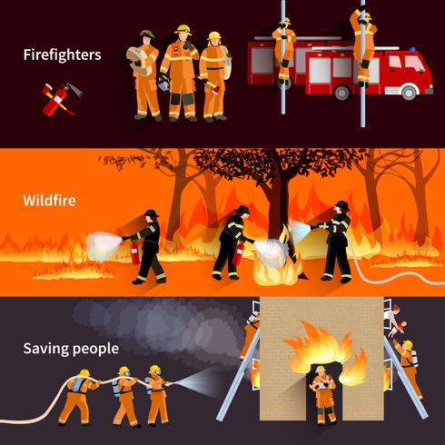 Conjunto de Banners de personas de bombero horizontal vector