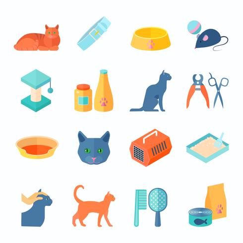 Conjunto de iconos plana saludable interior gato vector