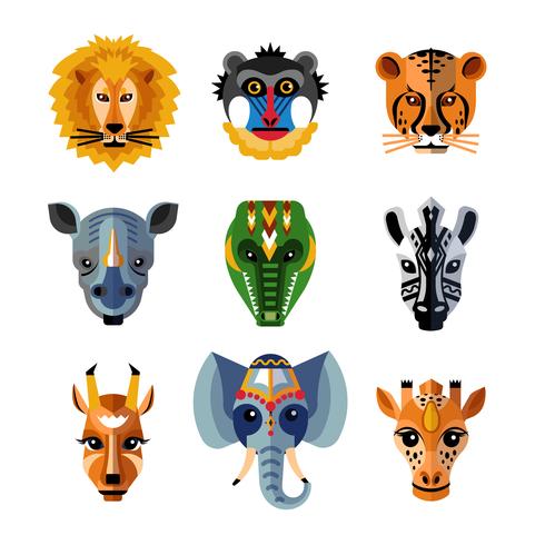 Máscaras de animales africanos máscaras iconos planos vector