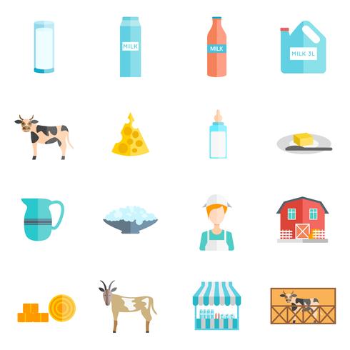 Milk dairy products flat icons set vector