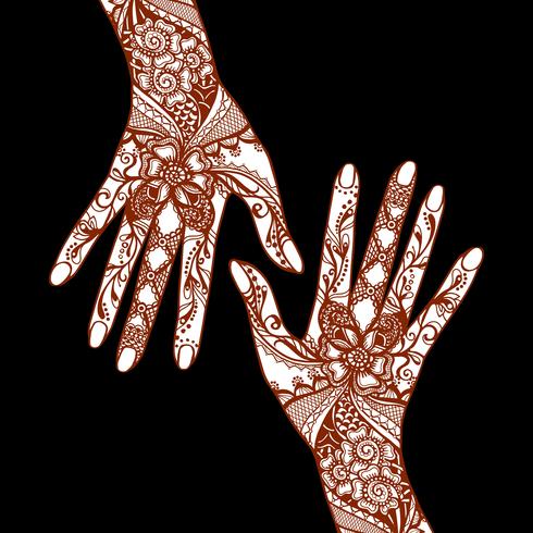 Mehendi manos sobre fondo negro vector