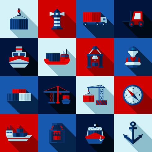 Seaport Color Flat Shadows  Icons  Set vector