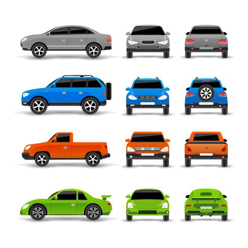 Conjunto de iconos de los lados delanteros y traseros de los coches vector