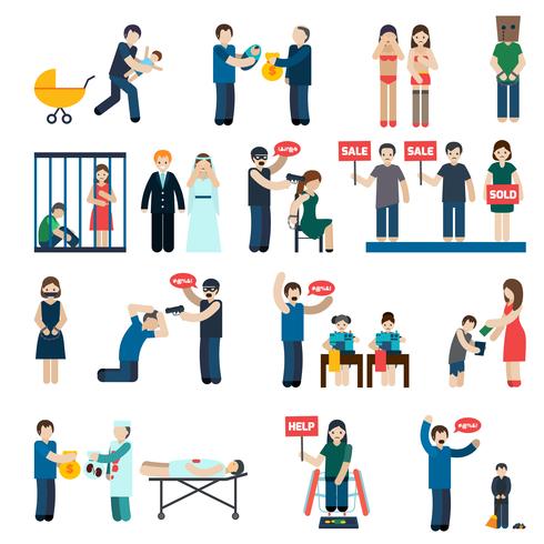 Human Trafficking Flat Icons Set vector