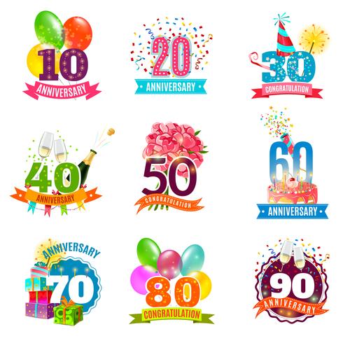 Anniversary birthdays emblems icons set  vector