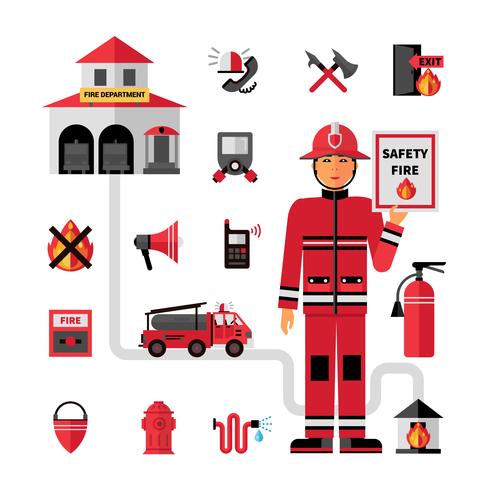 Conjunto de iconos planos del cuerpo de bomberos vector