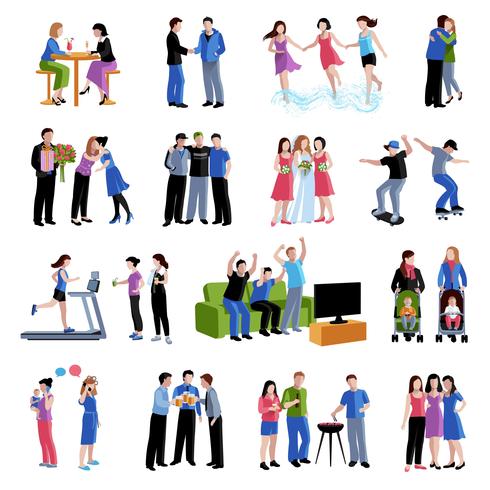 Friends buddies activities flat icons set vector