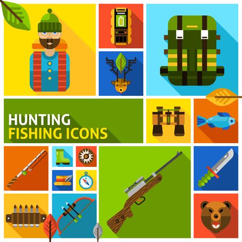 Hunting and fishing icons set vector