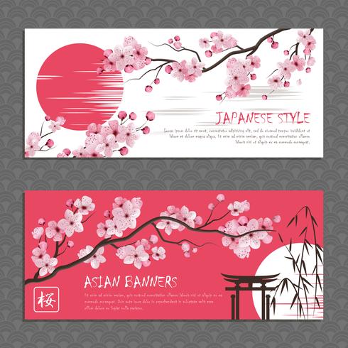 Conjunto de Banners horizontales de Japón Sakura vector