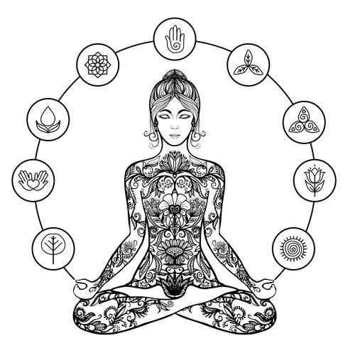 Icono de loto decorativo yoga mujer negro vector