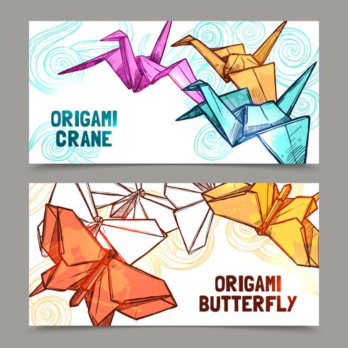 Conjunto de banners de mariposas y grullas de origami. vector