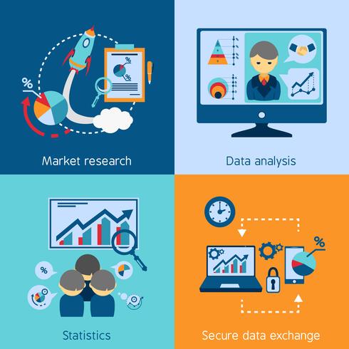 Análisis de datos 4 iconos planos cuadrados vector