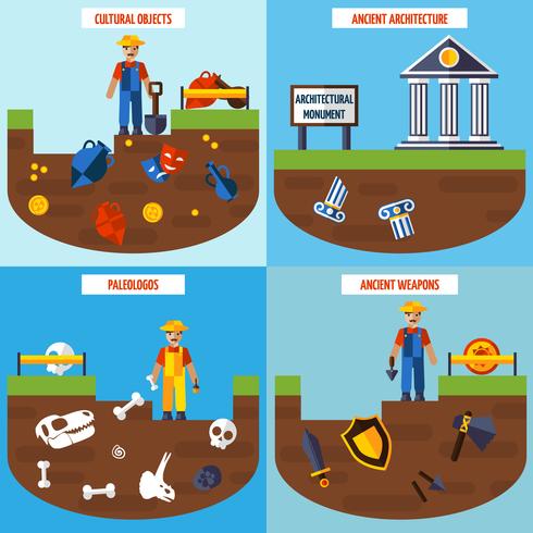  Flat Color  Archeology Design Concept Set   vector