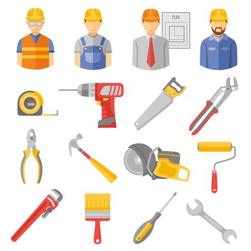 Set de iconos planos de herramientas de trabajadores de construcción vector