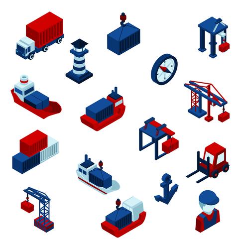  Isometric  Color Seaport Icons  Set vector