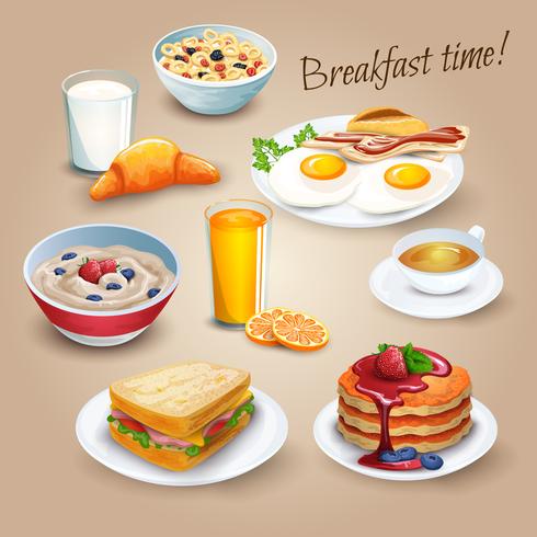 Cartel de pictogramas realistas de Brekfast time. vector