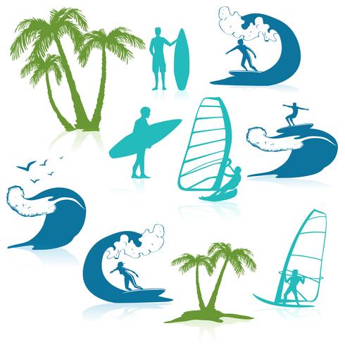 Surfing Icons With People vector