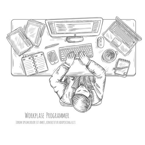 Programmer Work Place Sketch vector
