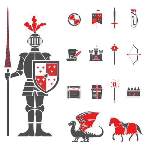 Medieval knights black red icons set  vector