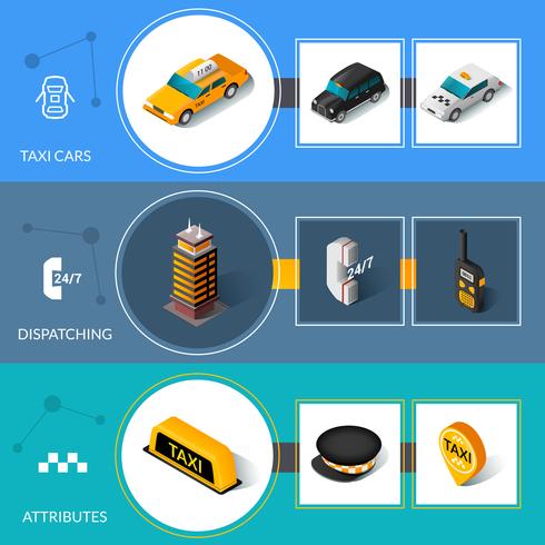 Conjunto de banners informativos planos isométricos de taxi. vector