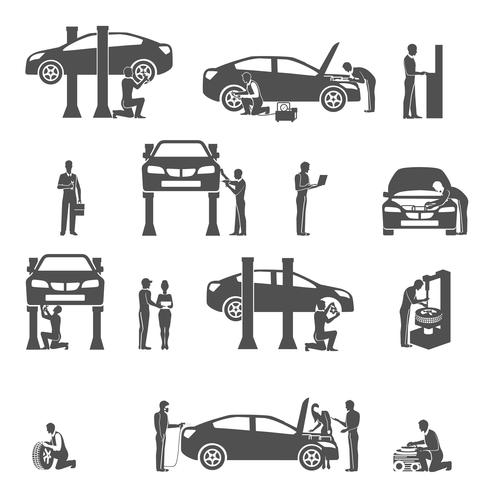 Auto mechanic black icons set vector