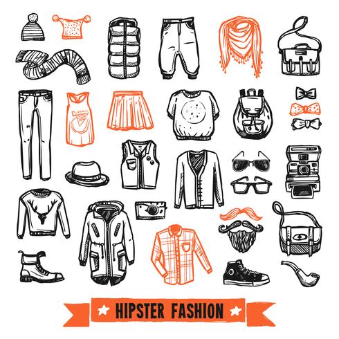 Fashion clothes hipster doodle icons set vector