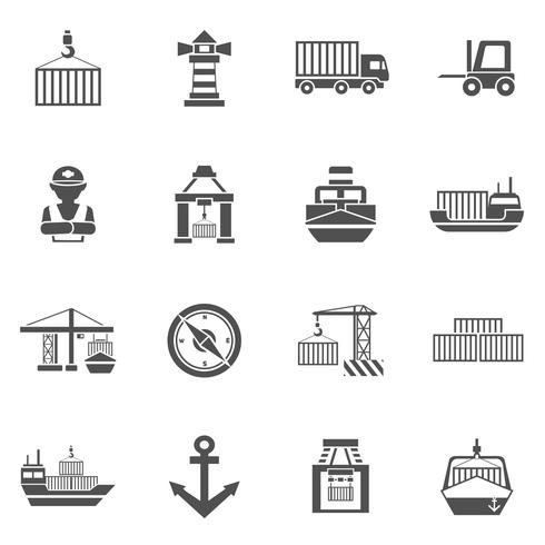 Seaport Black Icons  Set vector