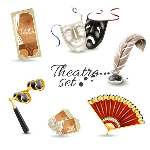 Theater attributes flat pictograms set vector