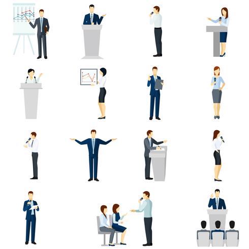 Public speaking people flat icons set vector