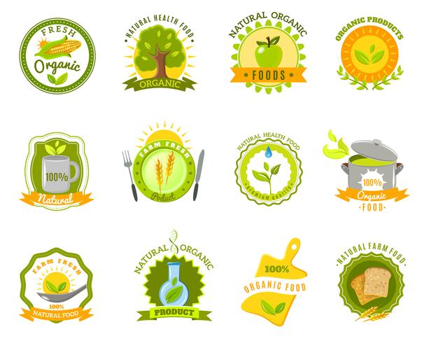 Organic food brands labels templates set flat vector