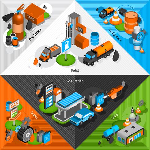 Conjunto de esquinas isométricas de gasolinera. vector