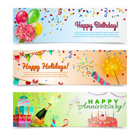 Conjunto de banners de celebración de aniversario de feliz cumpleaños vector