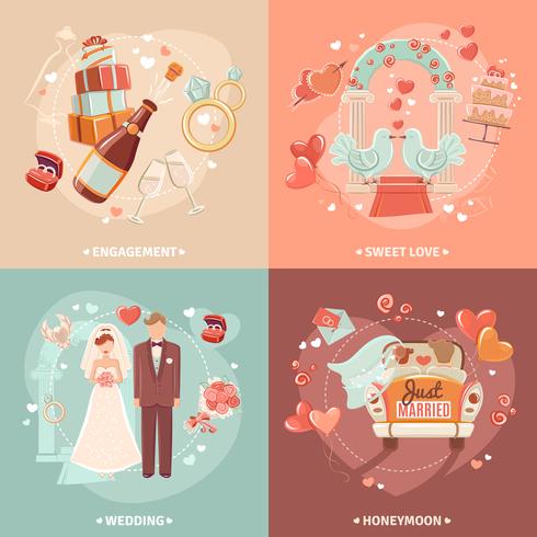 Boda concepto 4 iconos planos cuadrados vector