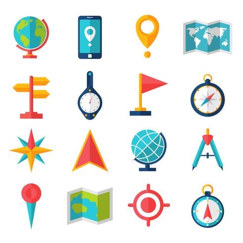 Cartografía plana Icon Set vector