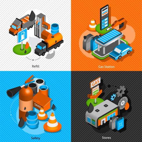 Gas station isometric 4 pictograms composition vector