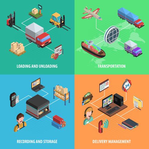 Delivery And Logistic Square Isometric Icon Set vector