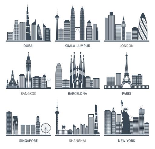 City skyline black icons set vector