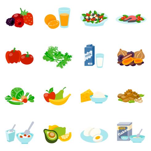 Conjunto de iconos planos de alimentos saludables vector