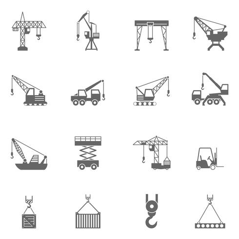 Building construction crane black icons set vector