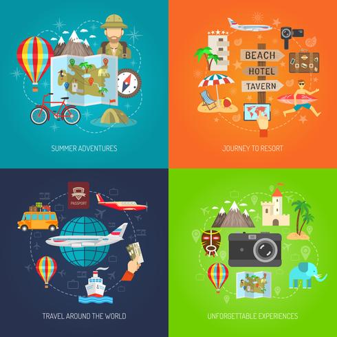 Conjunto de iconos decorativos planos de viaje vector